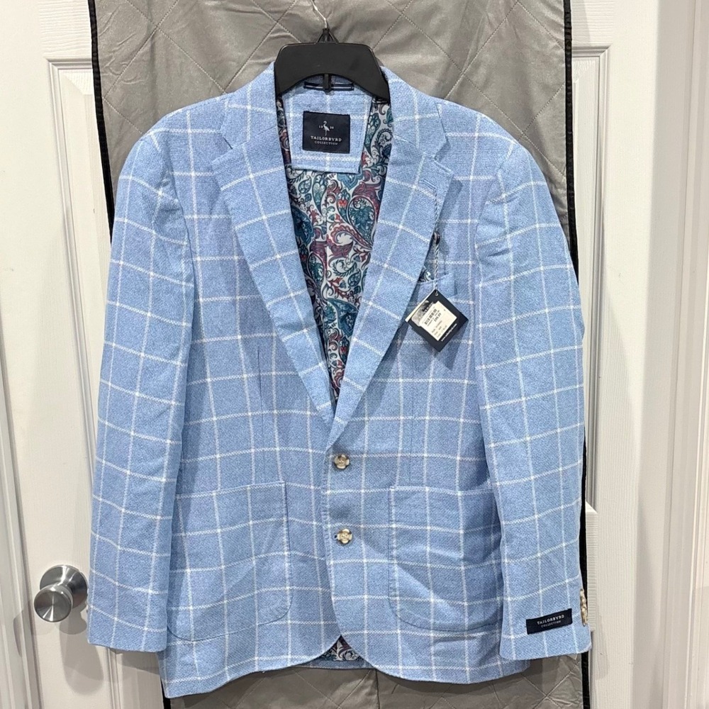 TailorByrd Men Textured Yarn Dye Windowpane Linen Blend Sport Coat Sky Blue 46R